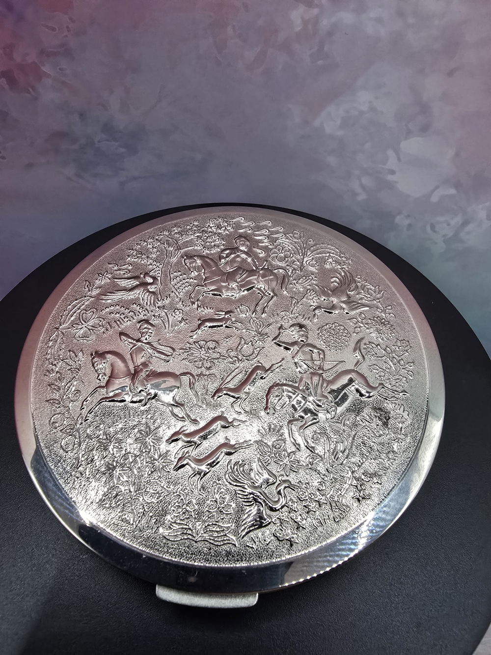 Embossed Silver Compact Mirror with Equestrian Hunt Scene Vintage.